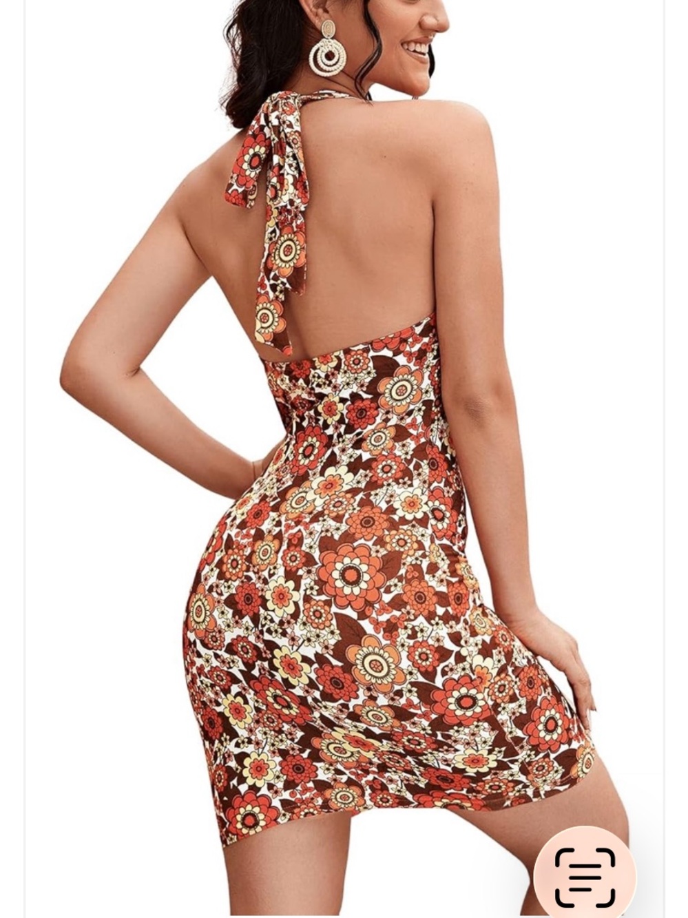 Floral Halter Bodycon Dress in Brown & Orange